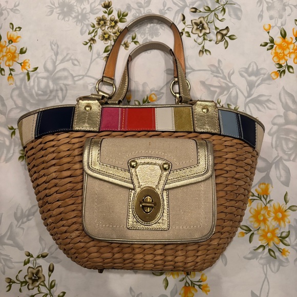 Coach Handbags - Coach Straw Tote with Multicolor Stripe and Gold Trim